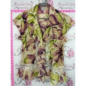 Sash blouse y2k Floral Ruffle Lace Women's Top - Purple & Green